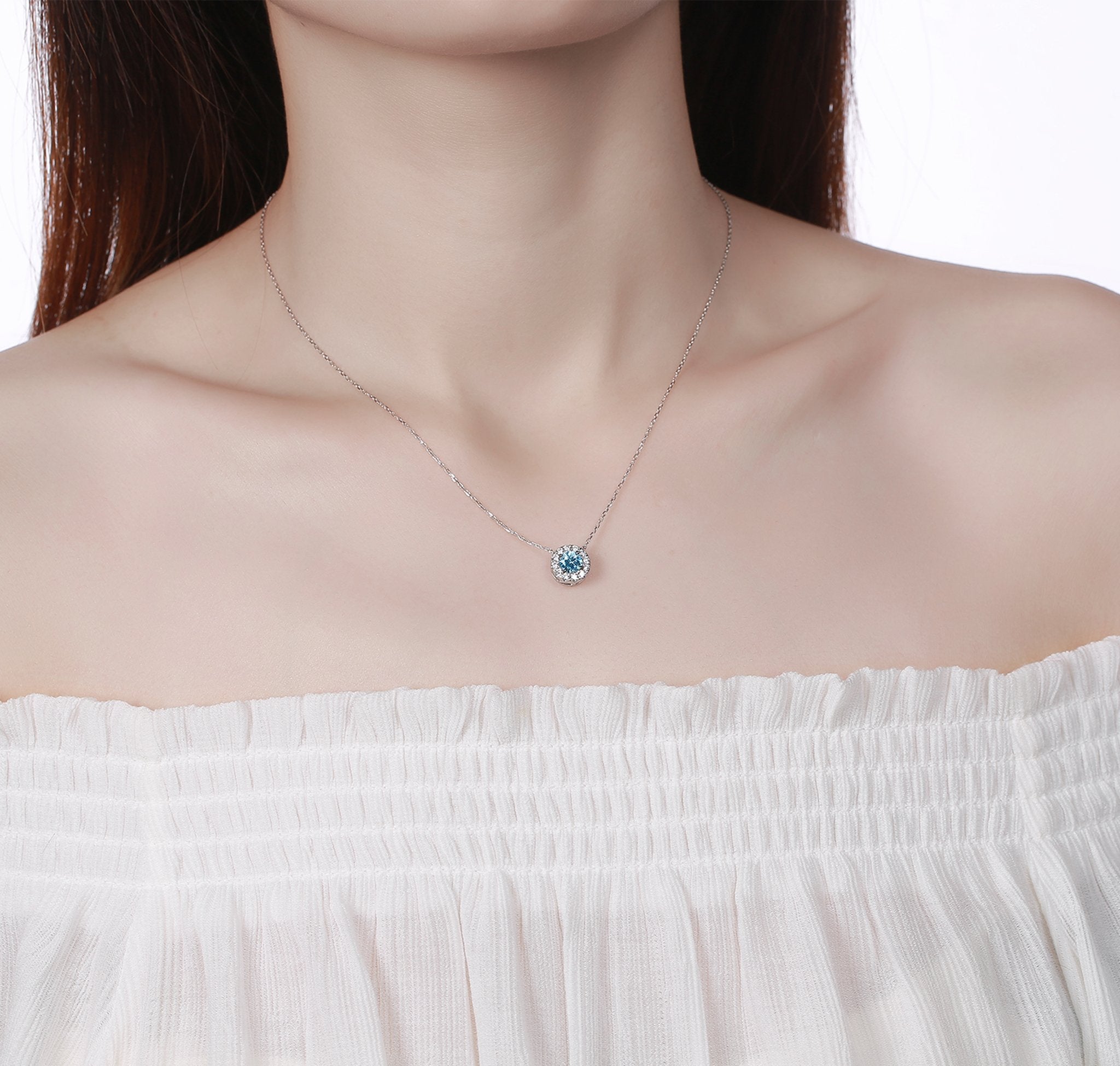 Smiling Rocks Lab Grown Diamond Blush Blue Halo Necklace in 10K 0.74ctw White Gold 