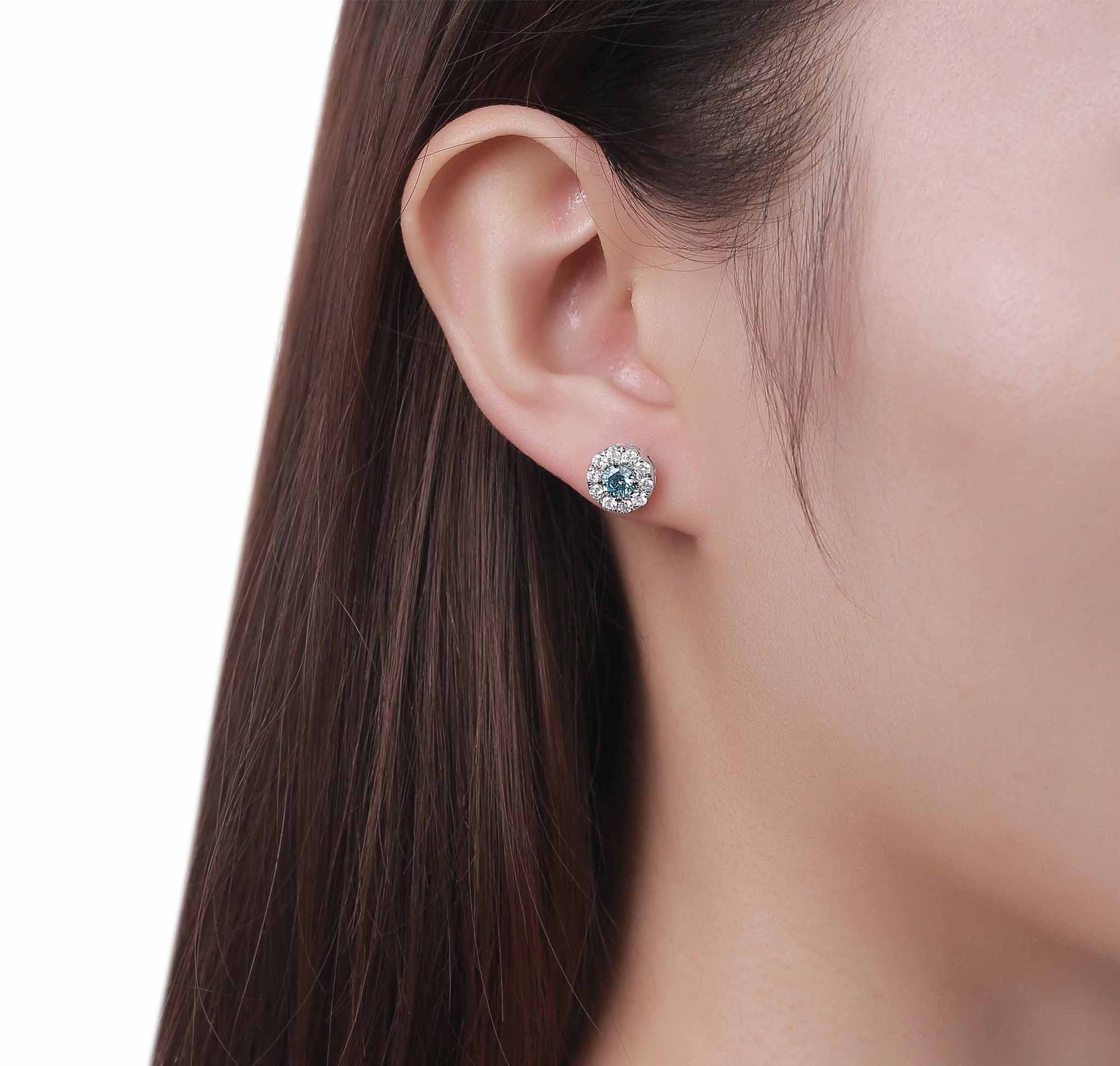 Smiling Rocks Lab Grown Diamond Blush Blue Halo Stud Earrings in 10K 1.23ctw White Gold 