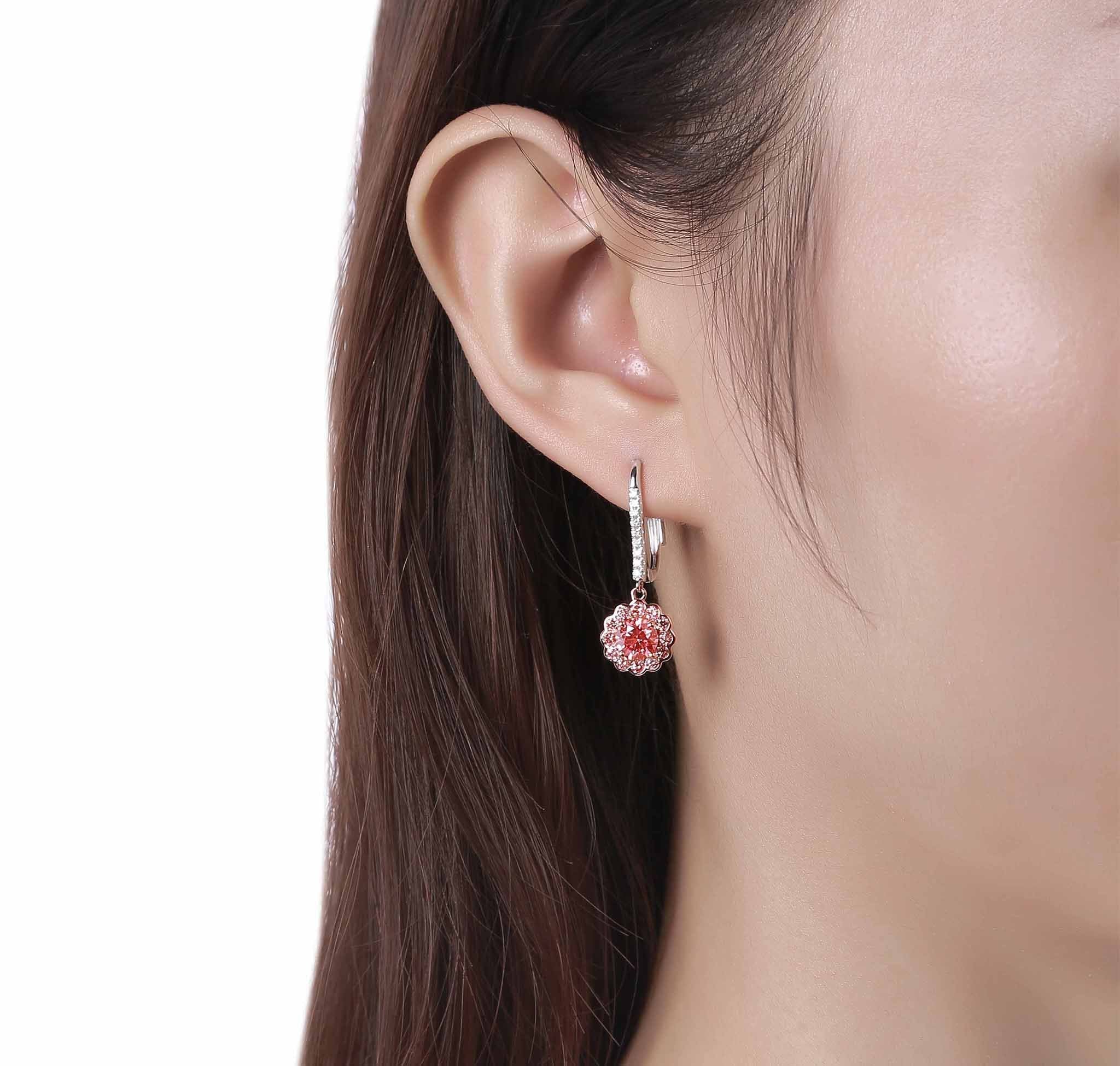Smiling Rocks Lab Grown Diamond Souffle Pink Halo Flower Hoop Earring 14K 1.97ctw White Rose Gold 