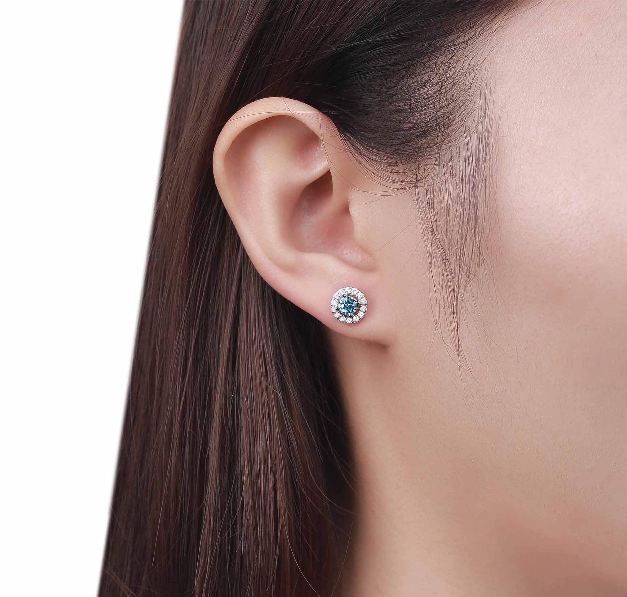 Smiling Rocks Lab Grown Diamond Blush Blue Halo Stud Earrings in 10K 0.78ctw White Gold 
