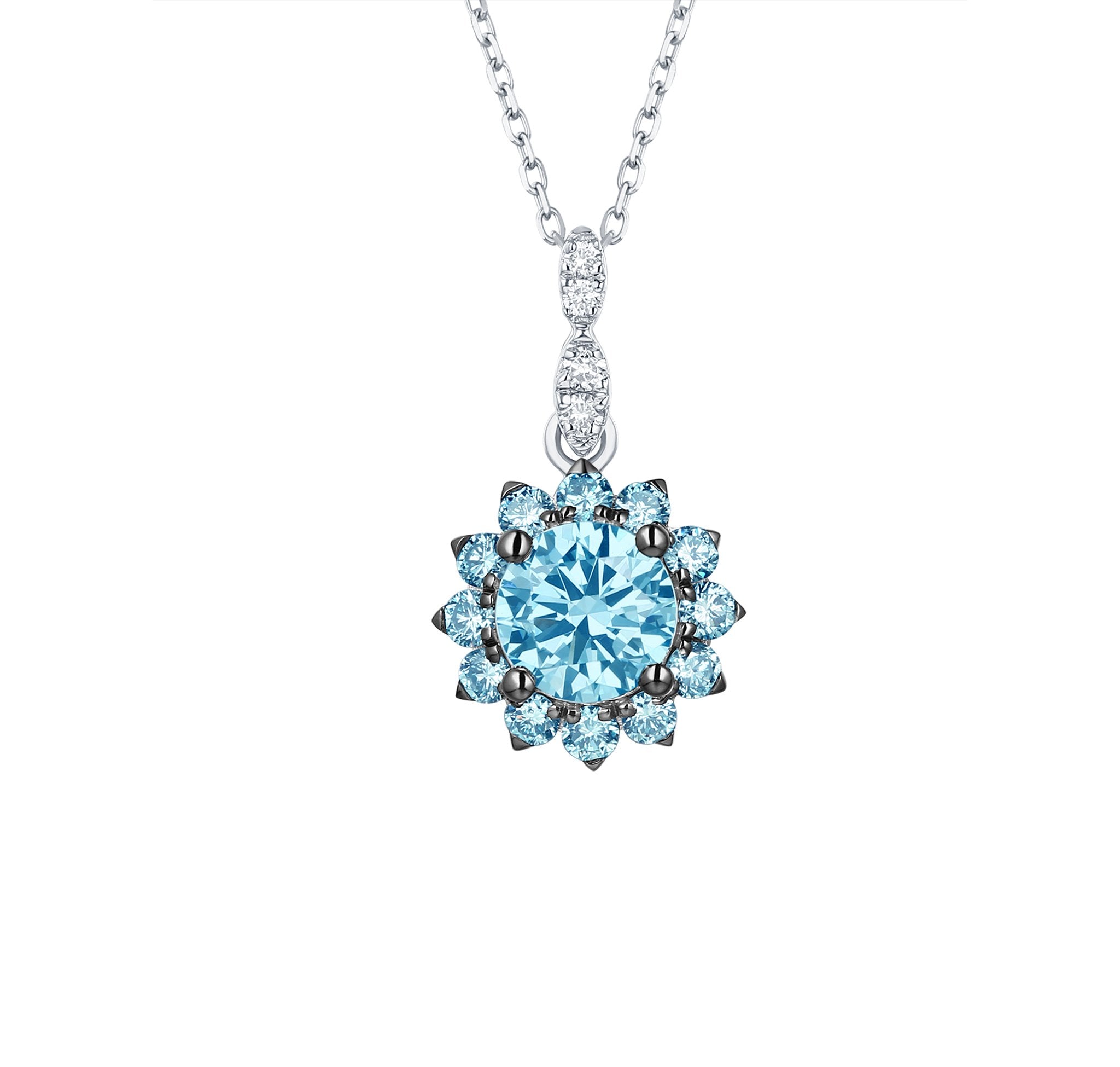 Smiling Rocks Lab Grown Diamond Blush Blue Flower Halo Pendant in 10K 1.08ctw White Gold 