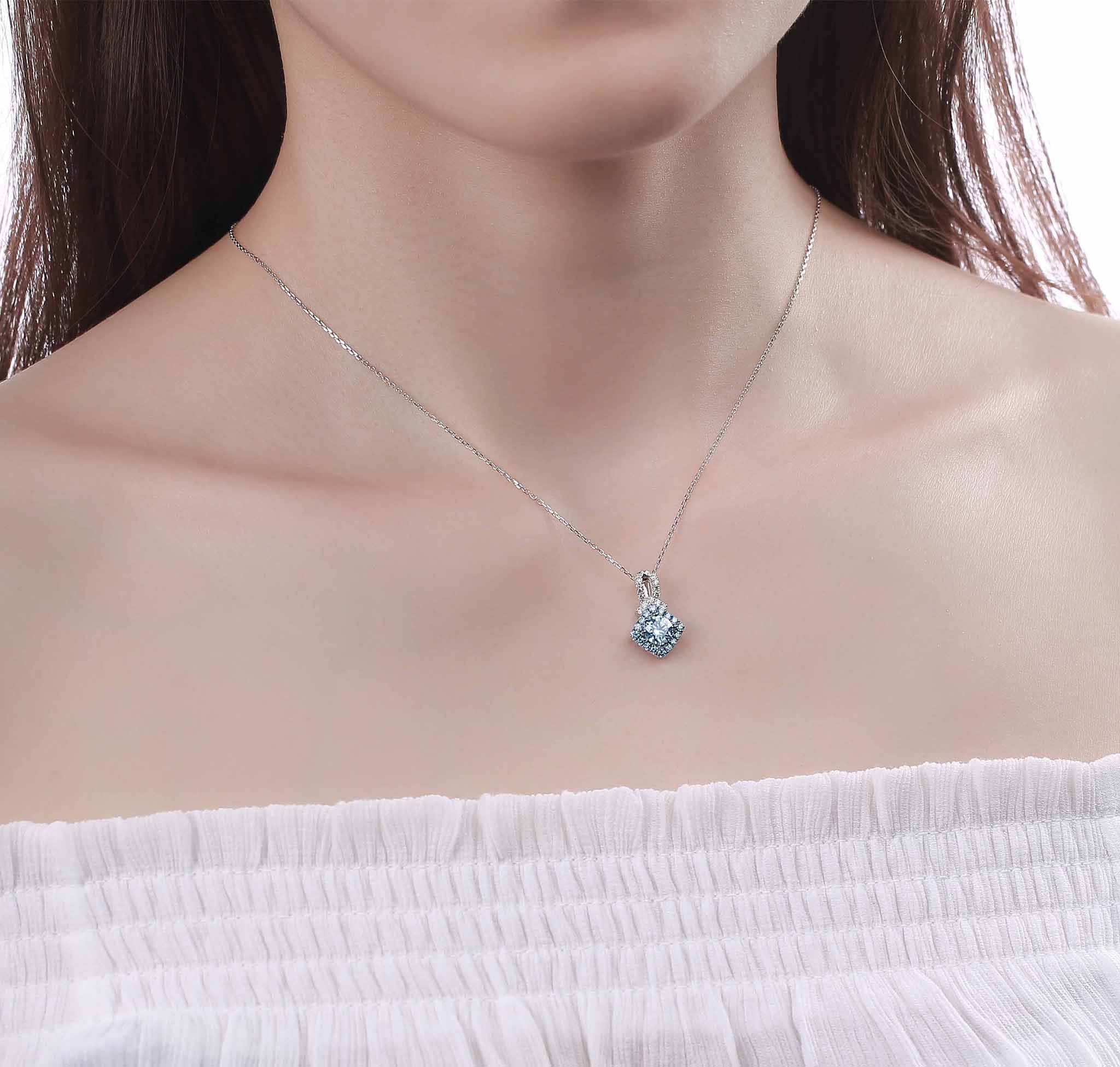 Smiling Rocks Lab Grown Diamond Blush Blue Halo Pendant in 10K 1.10ctw White Gold 