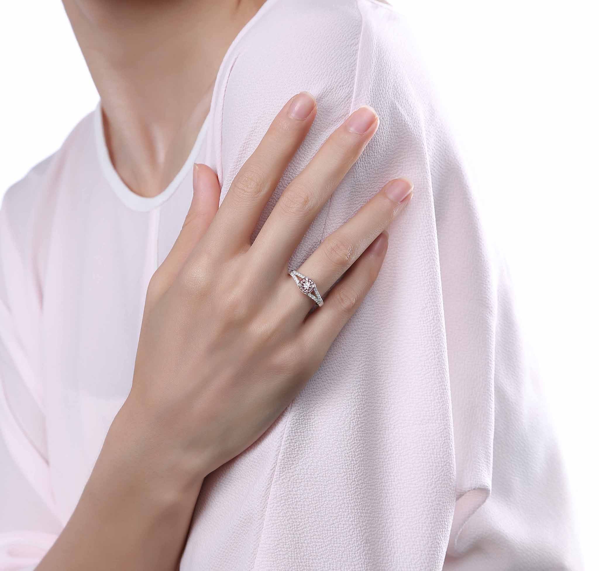Smiling Rocks Lab Grown Diamond Souffle Pink Halo Engagement Ring 10K 0.52ctw White Gold