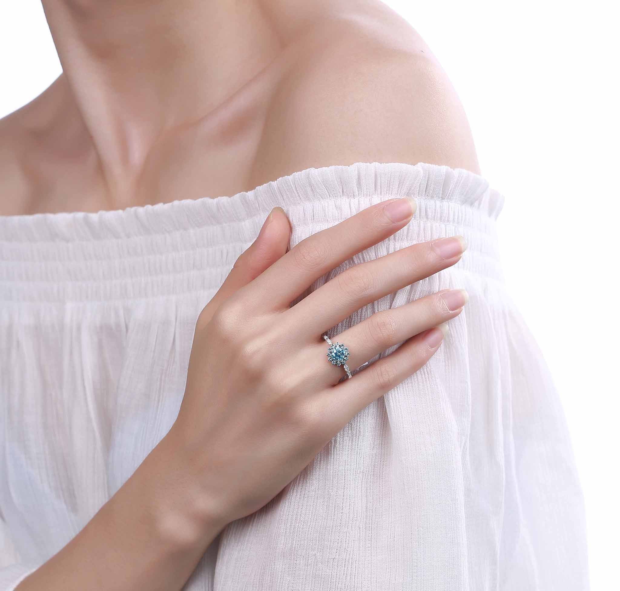Smiling Rocks Lab Grown Diamond Blush Blue Flower Halo Ring in 10K 1.13ctw White Gold 